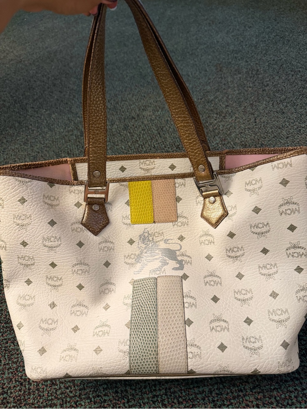 MCM White Logo Tote with Brown Handles and Multicolor Stripes